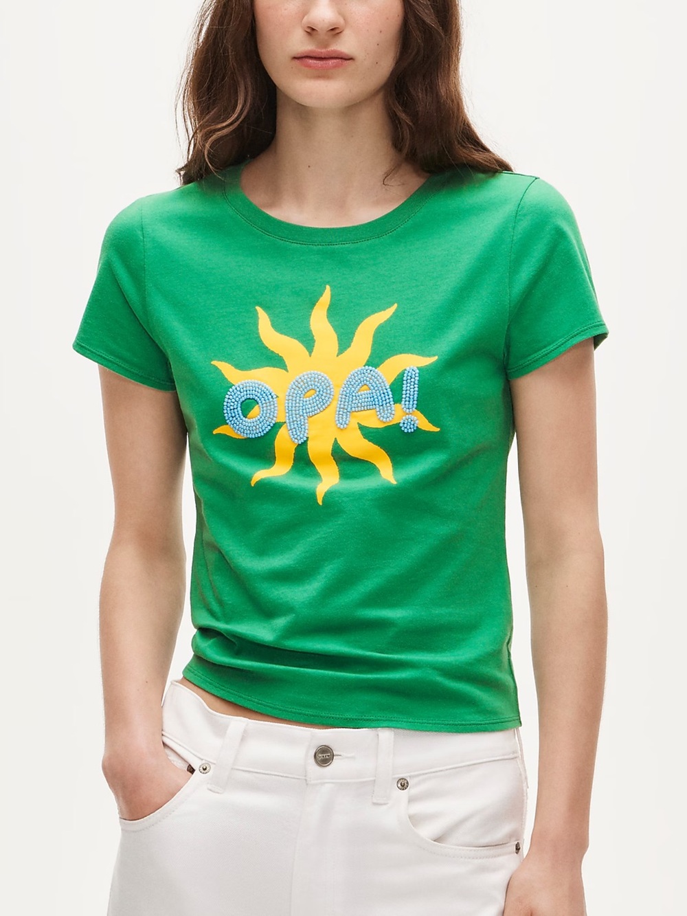 J. Crew NWT Sz M 100% cotton Green embellished "Opa" graphic T-shirt